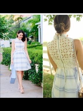 Sleeveless Light Blue Plaid Mini Dress with Laser-Cut Back